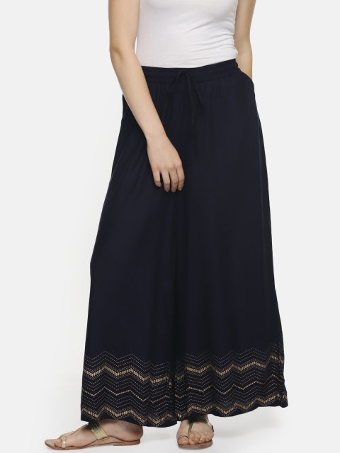 

AKKRITI BY PANTALOONS Women Navy Blue Printed Wide Leg Palazzos