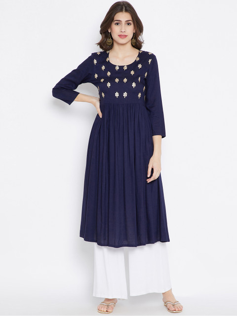 

Be Indi Women Navy Blue Solid Embroidered Empire Kurta