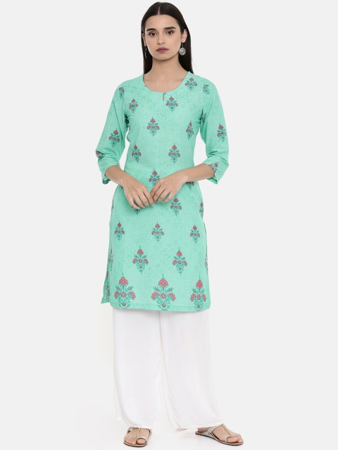 

Rangriti Women Sea Green Printed Straight Kurta