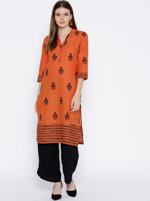 

Rangriti Women Rust Orange Printed Straight Kurta