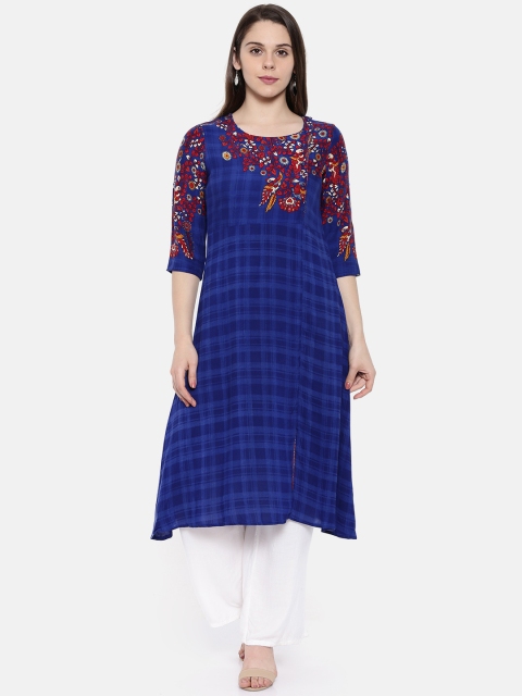 

Rangriti Women Blue Printed A-Line Kurta