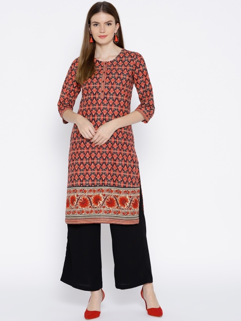 

Rangriti Women Rust Red & Black Printed Straight Kurta