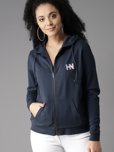 

HERE&NOW Women Navy Blue Solid Hooded Sweatshirt