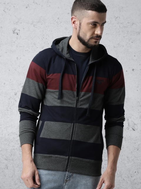 

Ecko Unltd Men Navy Blue & Charcoal Grey Striped Hooded Sweatshirt