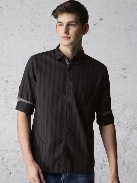 

Ecko Unltd Men Charcoal Grey & Black Slim Fit Striped Casual Shirt