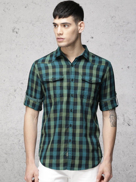 

Ecko Unltd Men Navy Blue & Green Slim Fit Checked Casual Shirt