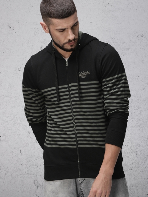 

Ecko Unltd Men Black Striped Hooded Sweatshirt