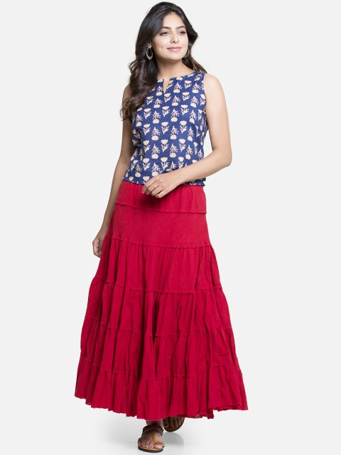 

PINKSKY Women Red & Blue Printed Top with Skirt