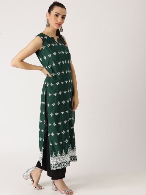 

Libas Women Green & White Embroidered Straight Kurta