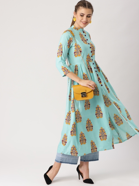 

Libas Women Blue & Mustard Yellow Printed A-Line Kurta