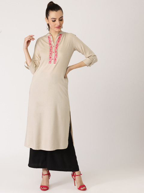

Libas Women Beige & Pink Yoke Design Straight Kurta