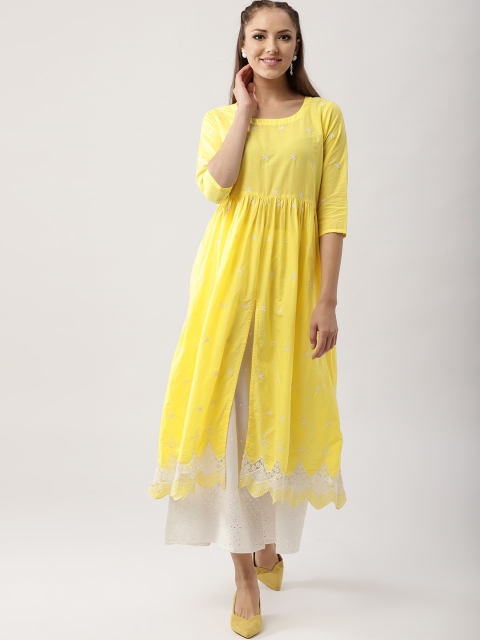 

Libas Women Yellow & White Schiffli Embroidered Kurta with Palazzos