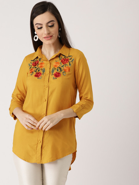 

Libas Women Mustard Yellow Solid Casual Shirt With Embroidered Detail