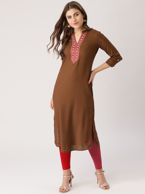 

Libas Women Olive Brown Yoke Design Straight Kurta
