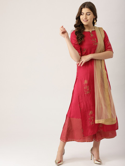 

Libas Women Magenta & Golden Printed Kurta with Palazzos & Dupatta