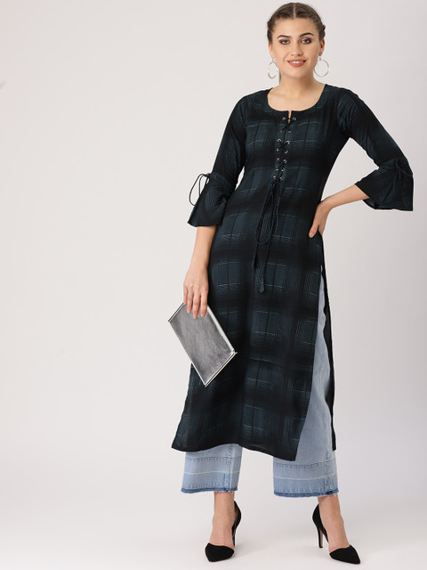 

Libas Women Teal Green & Black Checked Straight Kurta