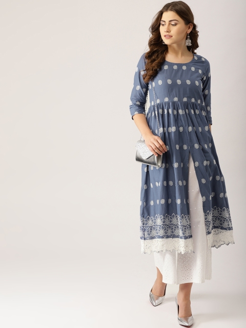 

Libas Women Navy Blue & White Embroidered Kurta with Palazzos