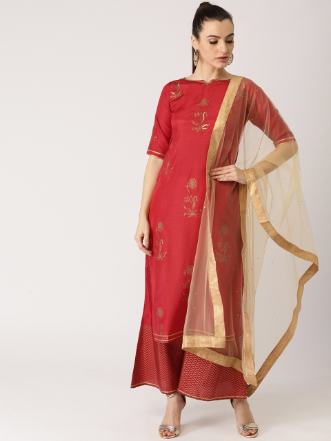 

Libas Women Red & Golden Block Print Kurta with Palazzos & Dupatta