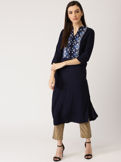

Libas Women Navy Blue Yoke Design Straight Kurta