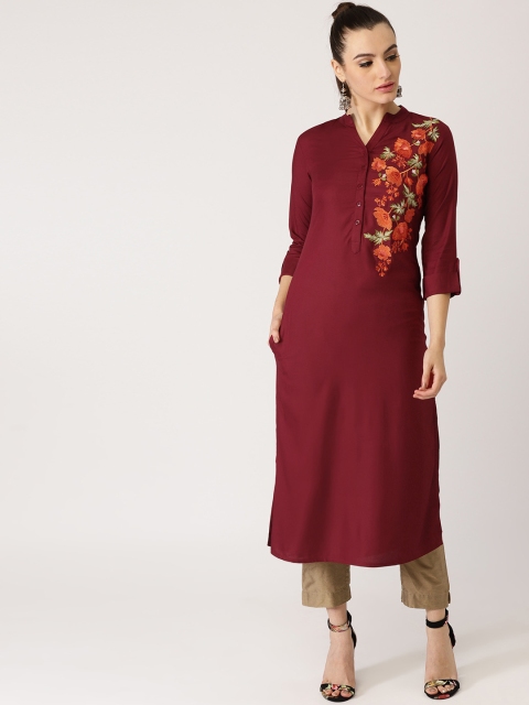 

Libas Women Maroon Embroidered Straight Kurta