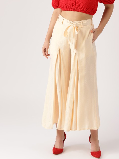 

Libas Women Cream-Coloured Flared Self Design Cropped Palazzos