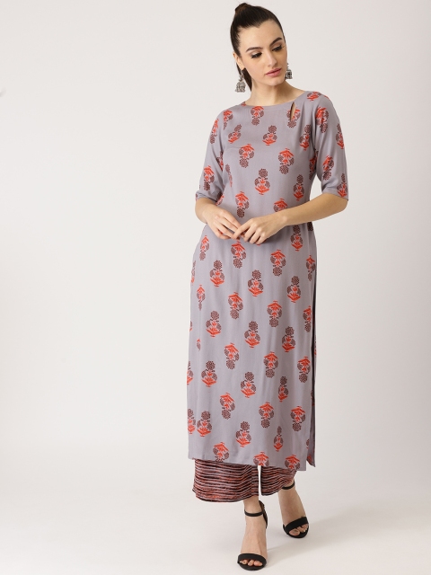 

Libas Women Grey & Orange Printed Kurta with Palazzos