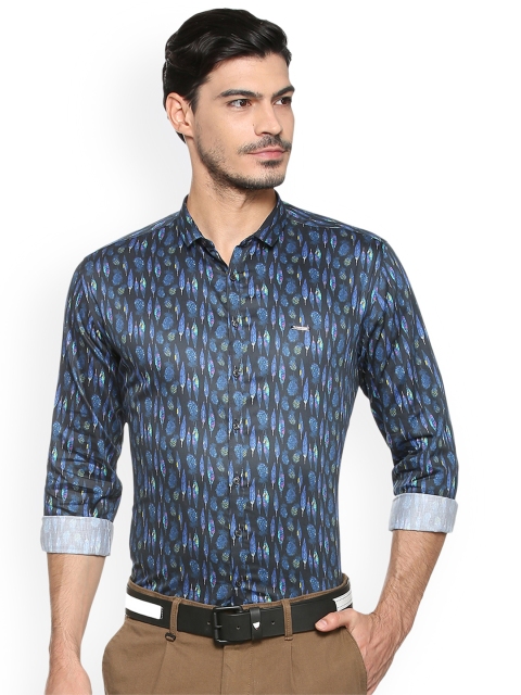 

V Dot Men Navy Blue & Turquoise Blue Slim Fit Printed Semiformal Shirt