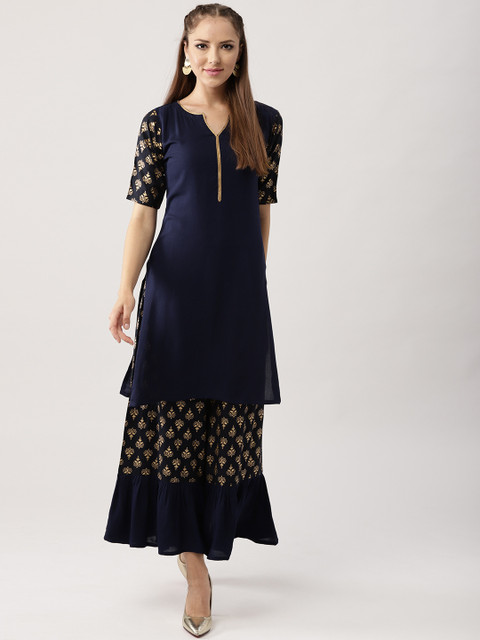 

Libas Women Navy Blue & Golden Solid Kurta with Sharara