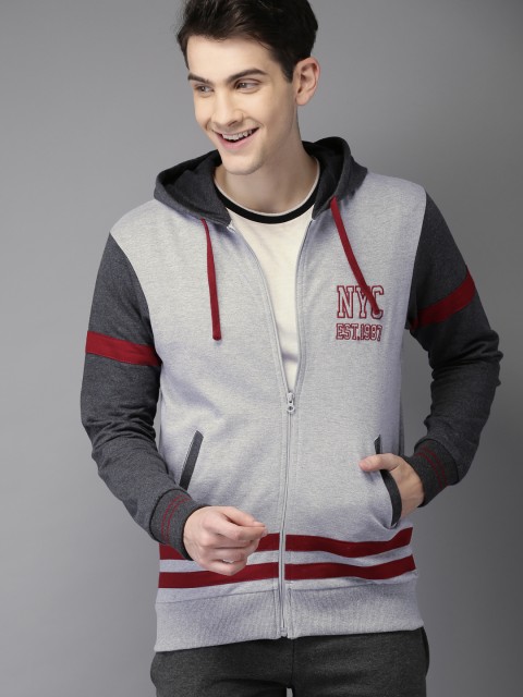 

HERE&NOW Men Grey Printed Hooded Sweatshirt
