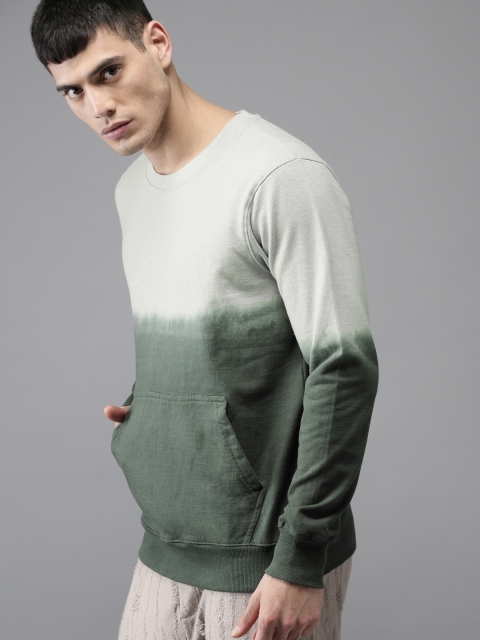 

HERE&NOW Men Grey & Olive Green Solid Sweatshirt