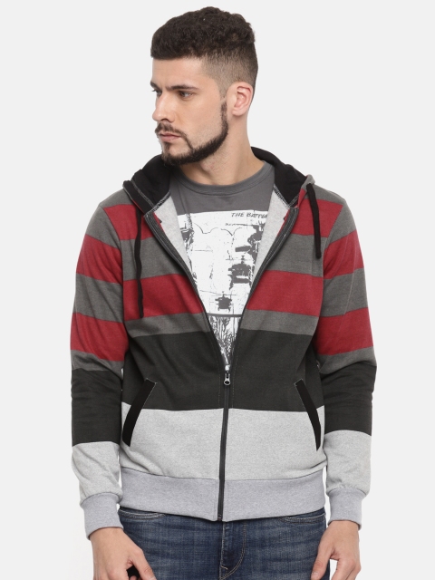 

HERE&NOW Men Grey & Maroon Striped Hooded Sweatshirt