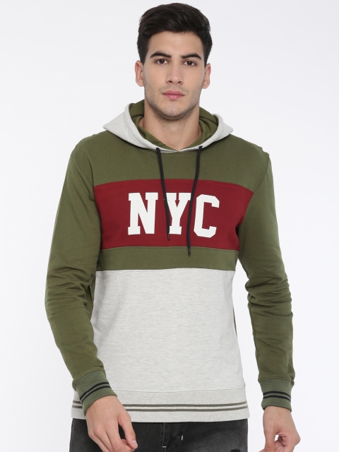 

HERE&NOW Men Grey & Olive Green Colourblocked Hooded Sweatshirt