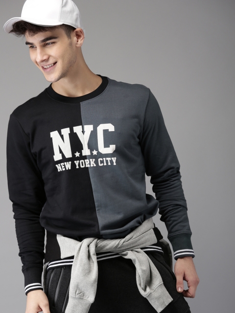 

HERE&NOW Men Black & Grey Colourblocked Sweatshirt