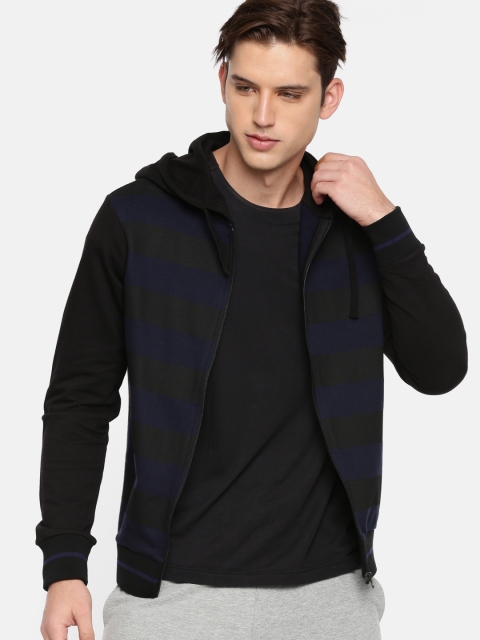 

HERE&NOW Men Black & Blue Striped Hooded Sweatshirt