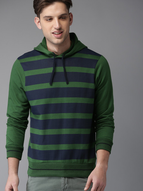 

HERE&NOW Men Green & Navy Blue Striped Hooded Sweatshirt