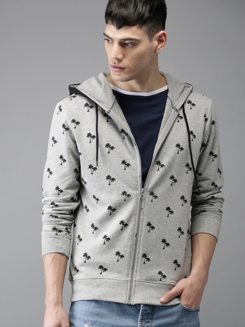 

HERE&NOW Men Grey Tropical Printed Hooded Sweatshirt