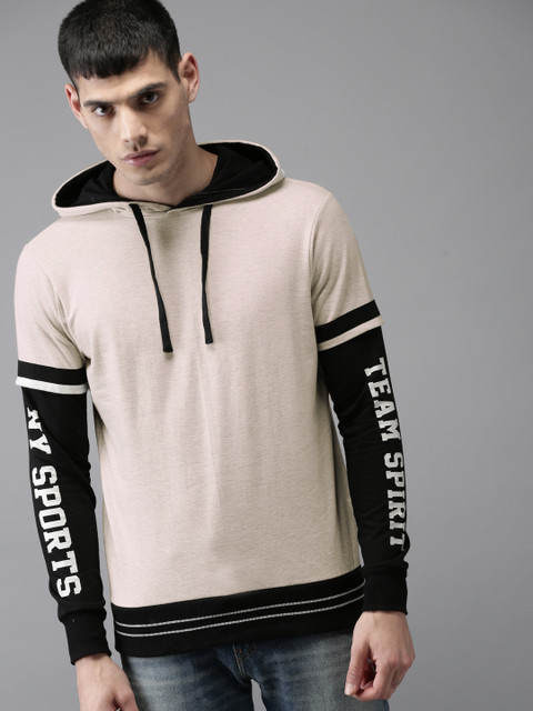 

HERE&NOW Men Grey Melange Solid Hooded Sweatshirt