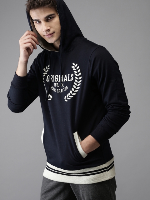 

HERE&NOW Men Navy Blue & Off-White Printed Hooded Sweatshirt