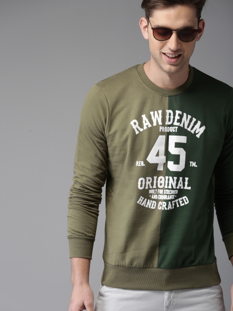 

HERE&NOW Men Olive Green Printed Sweatshirt