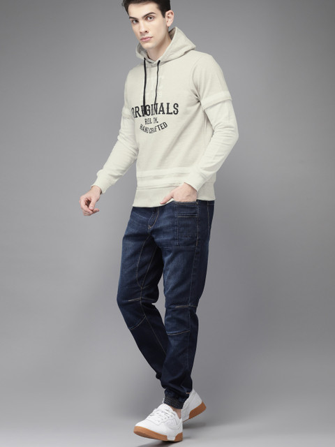 

HERE&NOW Men Grey Melange Printed Hooded Sweatshirt