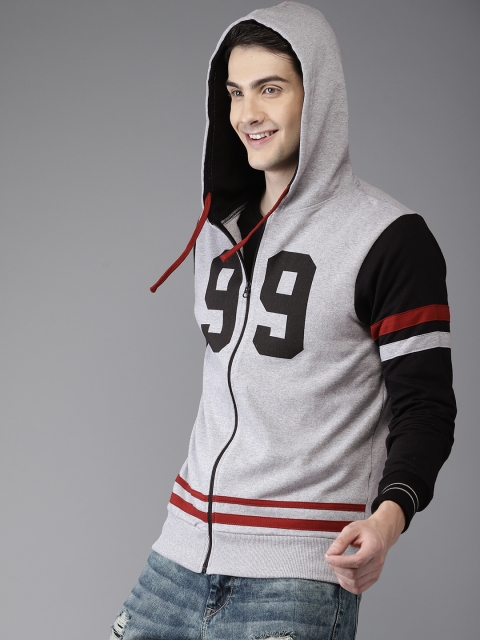 

HERE&NOW Men Grey Printed Hooded Sweatshirt
