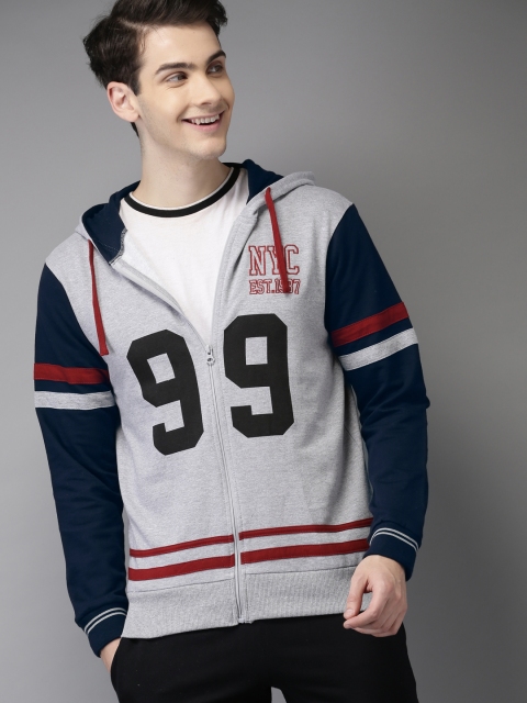 

HERE&NOW Men Grey Printed Hooded Sweatshirt