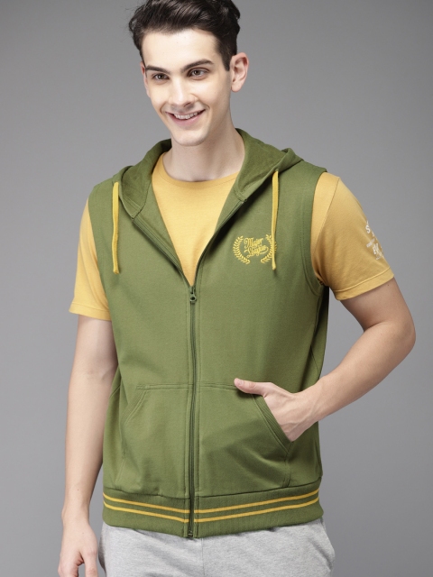 

HERE&NOW Men Olive Green Solid Hooded Sweatshirt