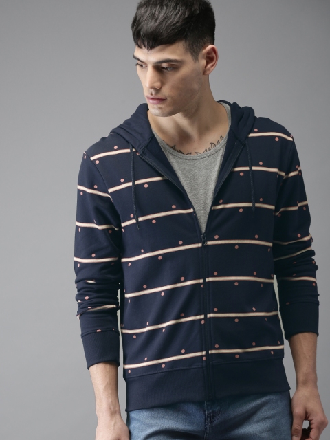 

HERE&NOW Men Navy & Pink Striped Hooded Sweatshirt, Navy blue