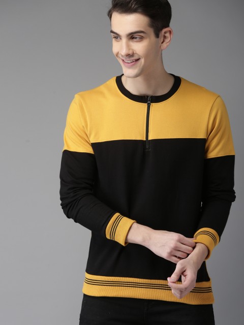 

HERE&NOW Men Mustard Yellow & Black Colourblocked Sweatshirt