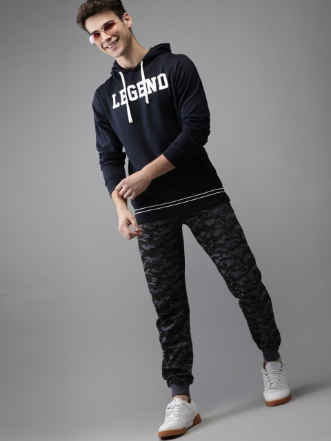 

HERE&NOW Men Navy Blue Printed Hooded Sweatshirt