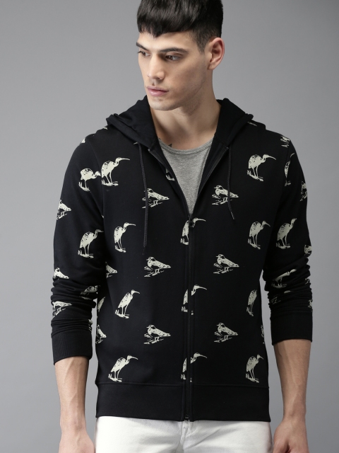 

HERE&NOW Men Black Conversational Printed Hooded Sweatshirt