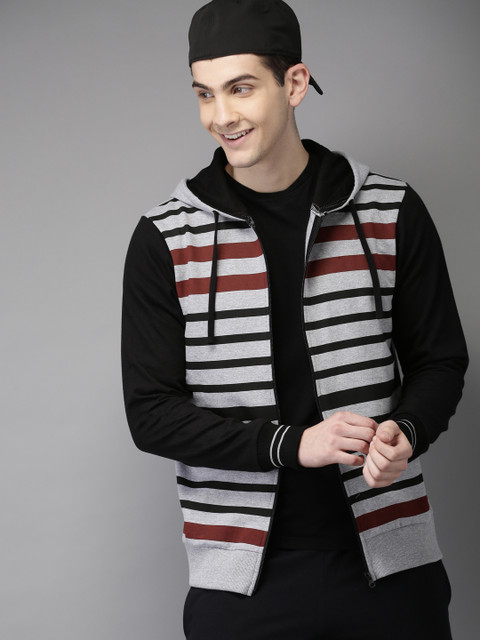 

HERE&NOW Men Grey Striped Hooded Sweatshirt