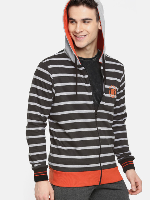 

HERE&NOW Men Black & Grey Striped Hooded Sweatshirt
