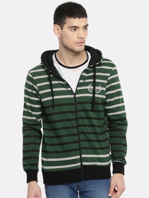 

HERE&NOW Men Green & Black Striped Hooded Sweatshirt